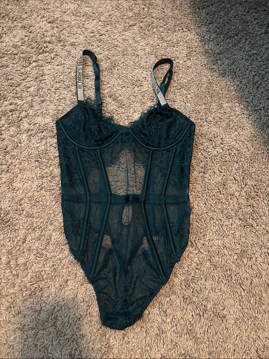Victoria's Secret Tops - Victoria's Secret Teal Lace Sheer Bodysuit with Logo Straps